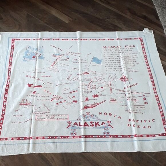 Vintage Linen ALASKA Map Souvenir Tablecloth Wall Hanging 46” X 50”. - Picture 1 of 11